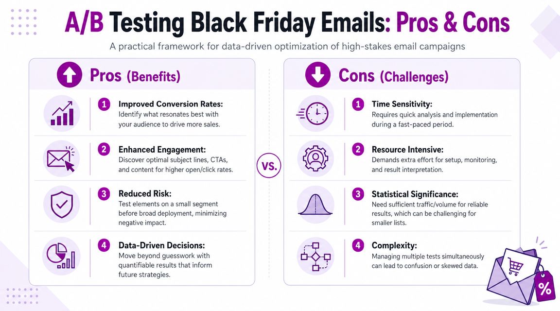 A visual guide outlining the advantages and challenges of A/B testing for Black Friday email marketing campaigns.