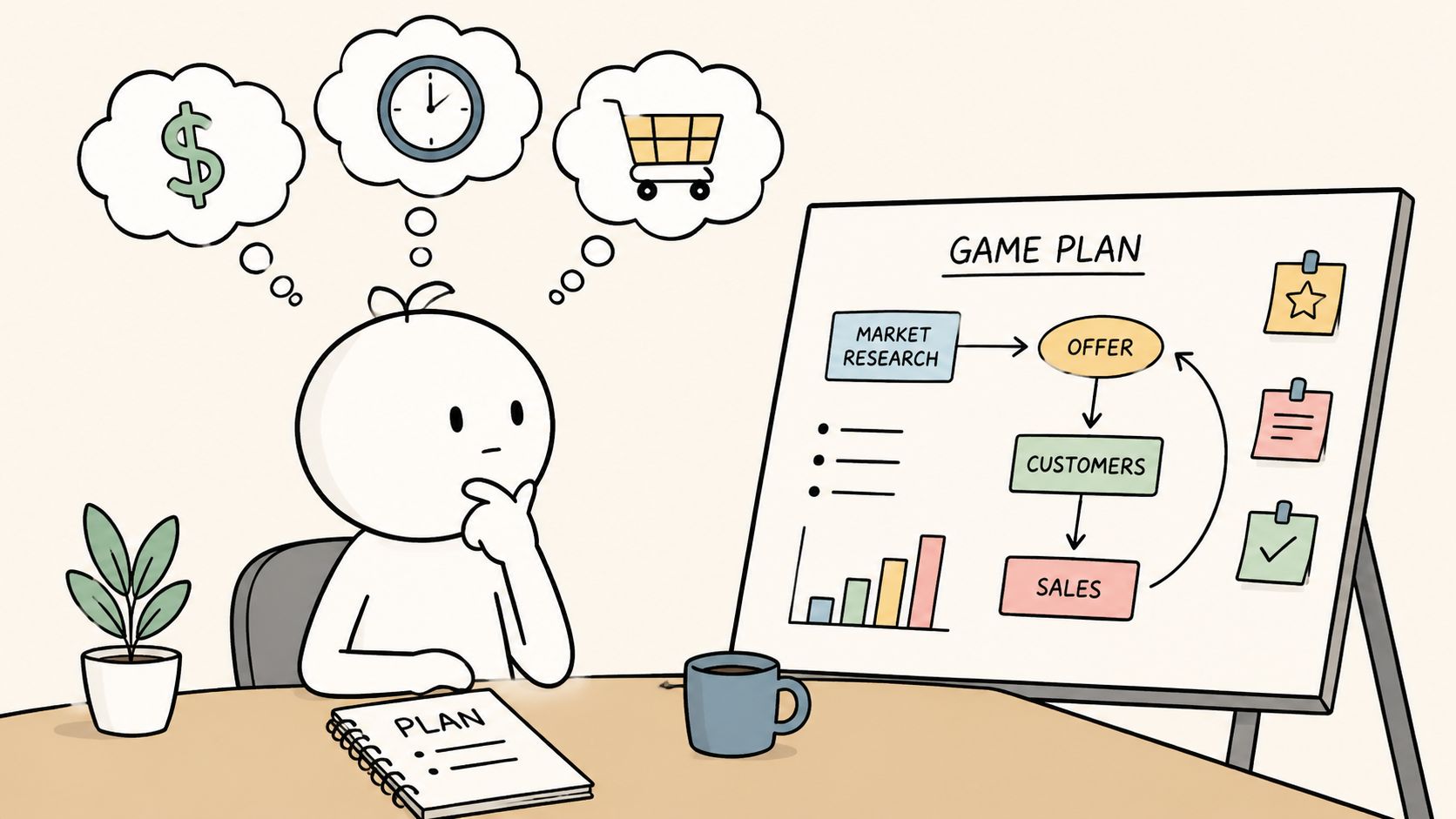 A cartoon illustration of a person thinking about business strategies with a whiteboard showing a game plan.