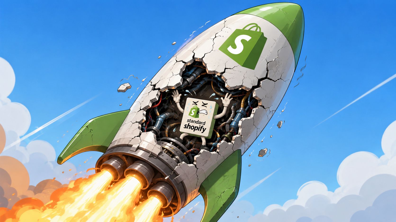 An illustration of a cracking rocket ship with a stressed character labeled standard Shopify inside.