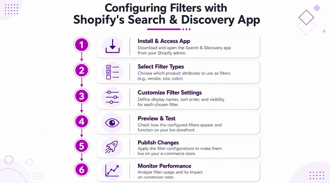 A six-step infographic guide on how to configure product filters using the Shopify Search and Discovery app.
