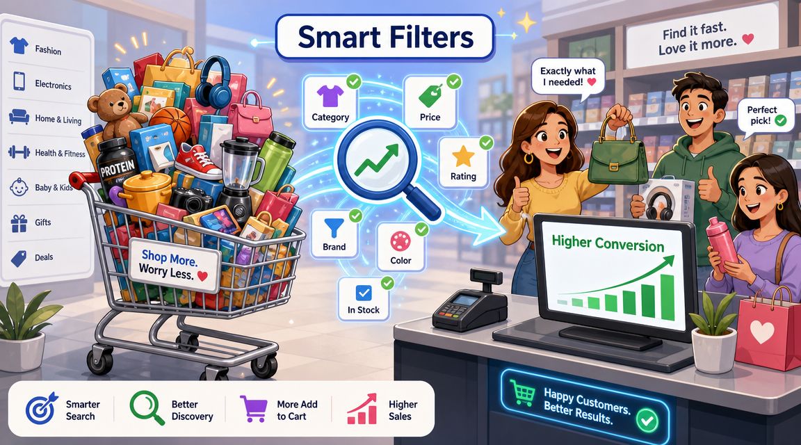 A digital illustration showing a shopping cart full of products being processed by smart e-commerce filters.