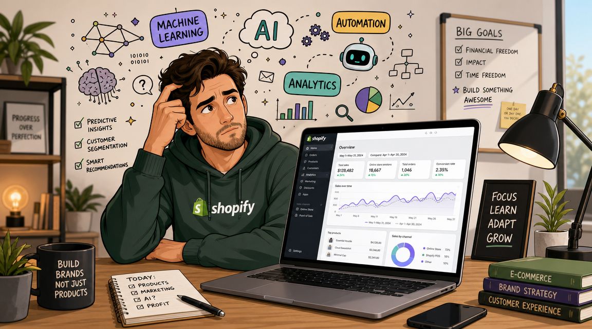 An entrepreneur working on a Shopify laptop surrounded by sketches about AI solutions and marketing automation.