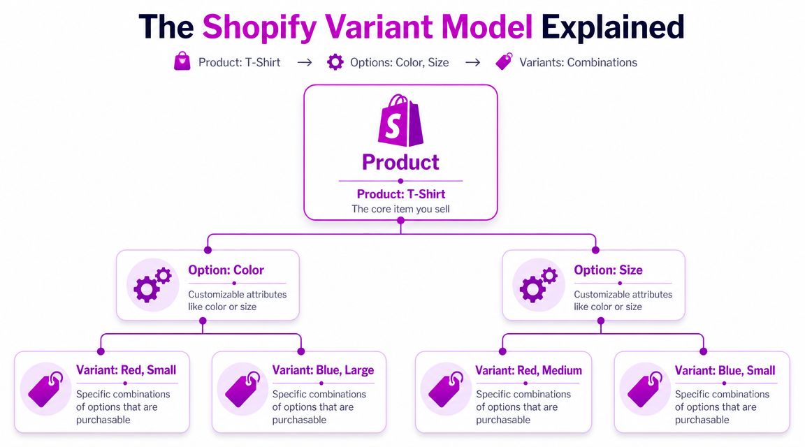 A diagram explaining the Shopify variant model using a T-shirt example with color and size options.