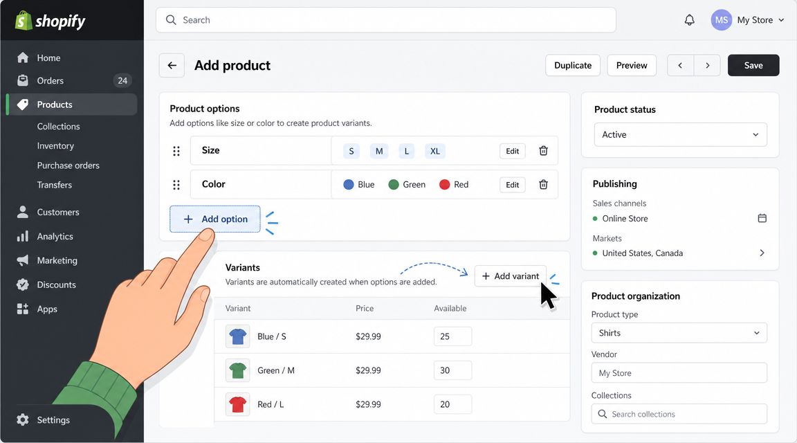 A hand selecting the add option button to create product variations within the Shopify admin dashboard.