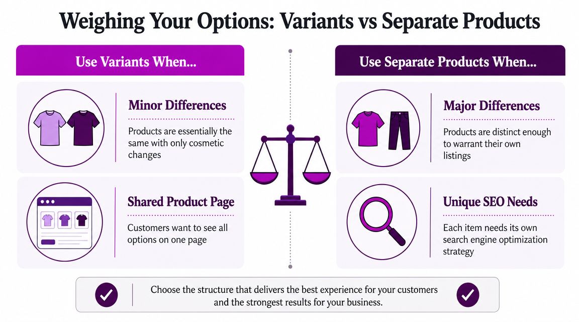 A comparison chart explaining when to use product variants versus separate product pages for an online store.