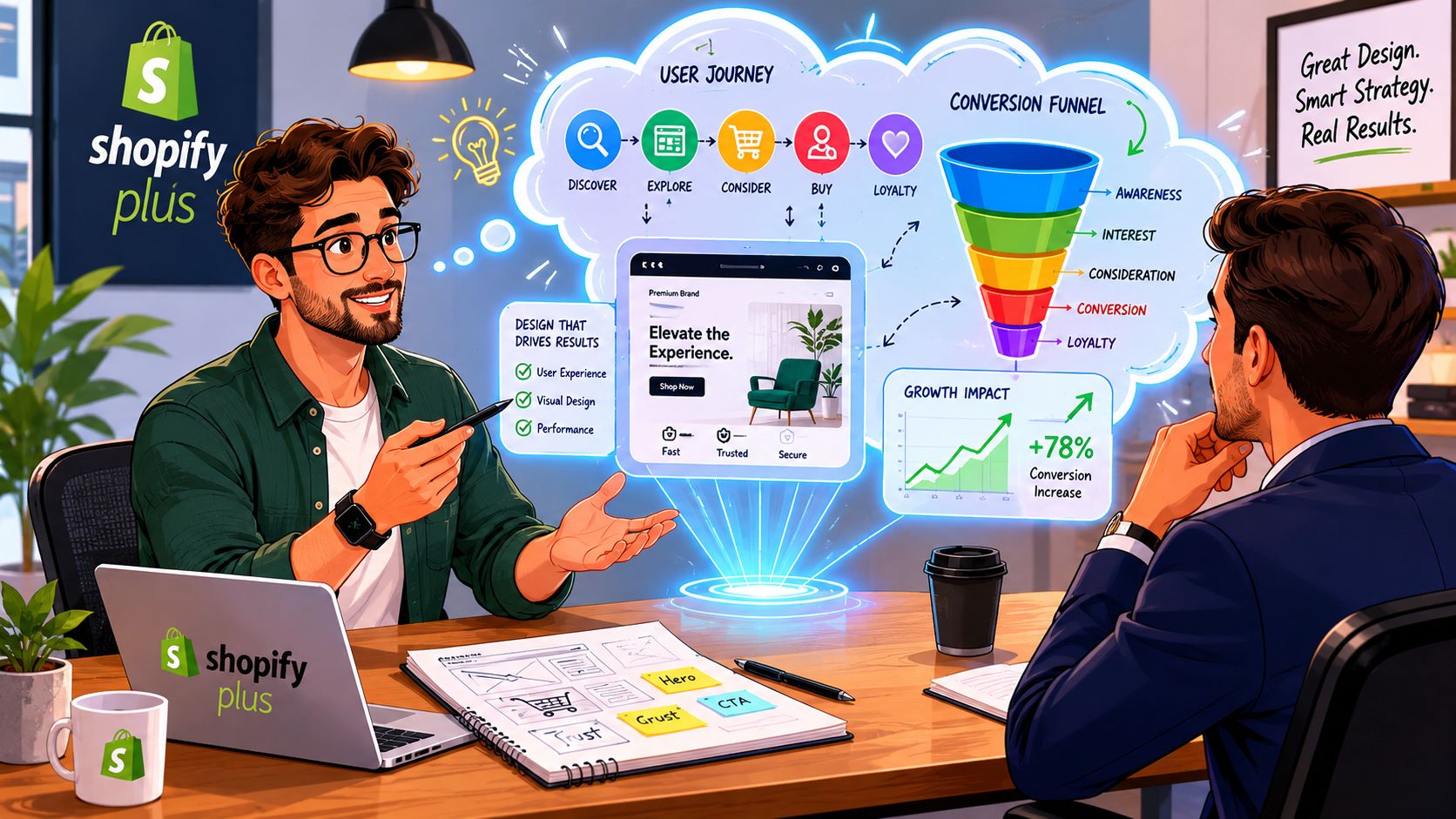 A professional Shopify Plus designer presenting growth strategies and conversion funnels to a client in an office.