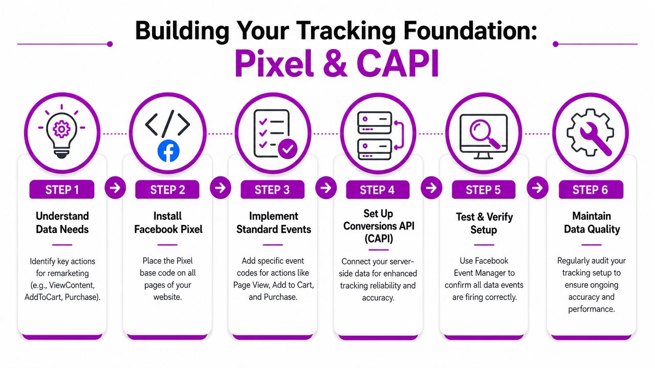 A six-step infographic guide illustrating the process of setting up Facebook Pixel and Conversions API for tracking.