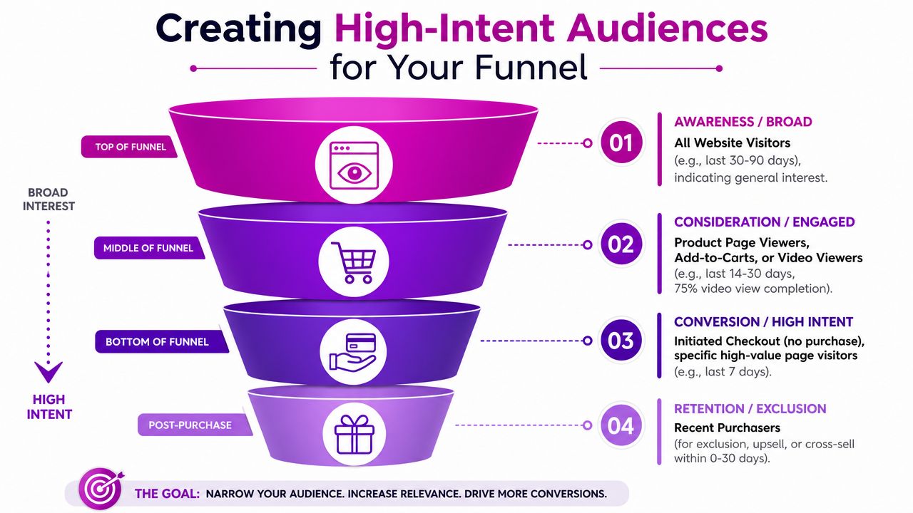 A funnel infographic demonstrating how to create high-intent audiences for remarketing with Facebook ads at every stage.