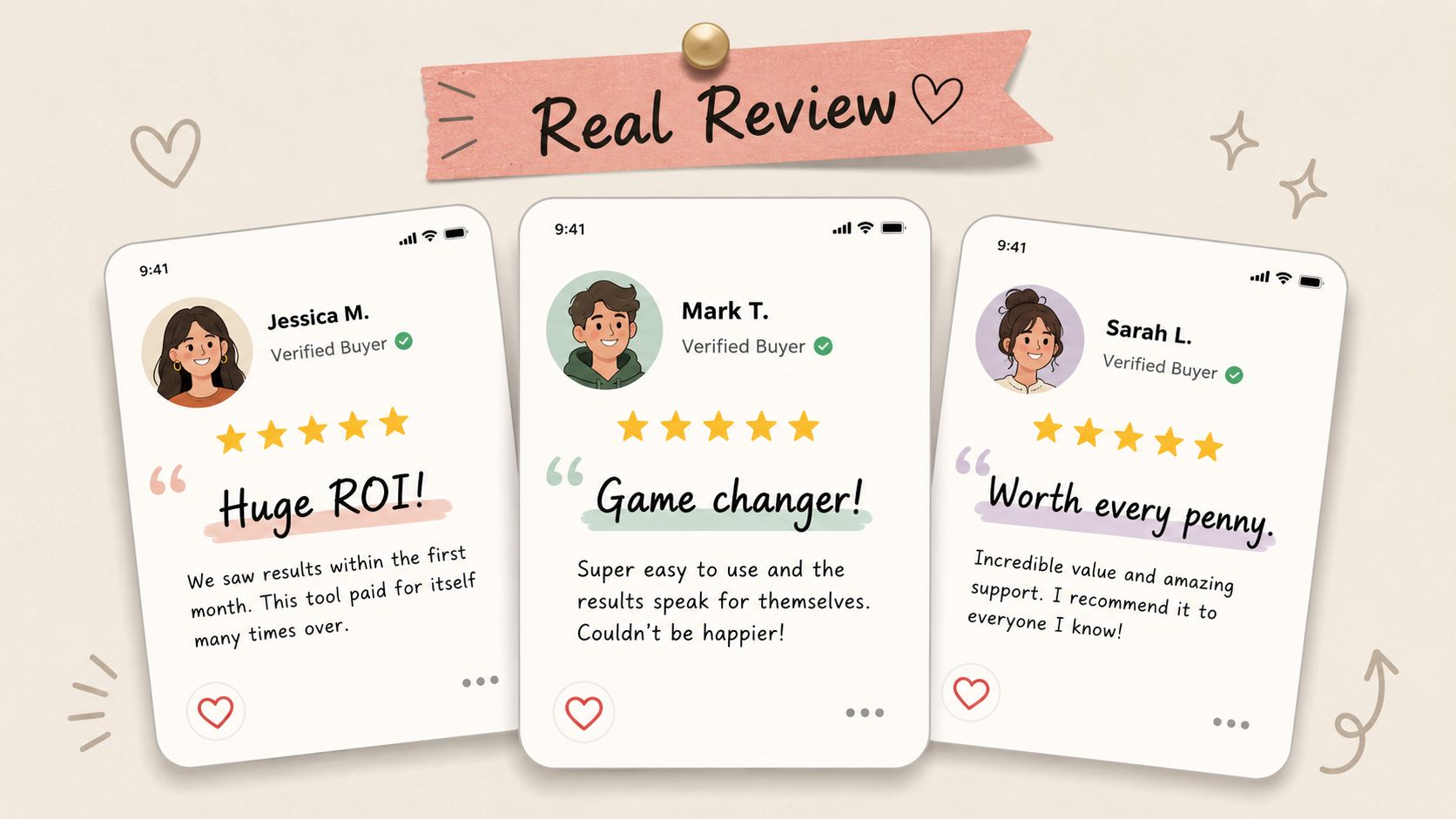 A digital graphic showcasing three positive user reviews with five-star ratings and customer testimonials for a product.