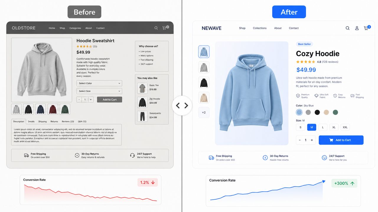 A comparison of two product page designs showing how a modern UI update increases conversion rates.