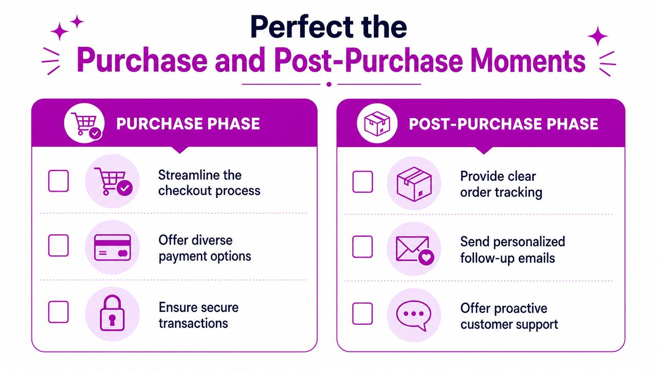 A checklist chart showing tips for perfecting both the purchase and post-purchase customer experience phases.