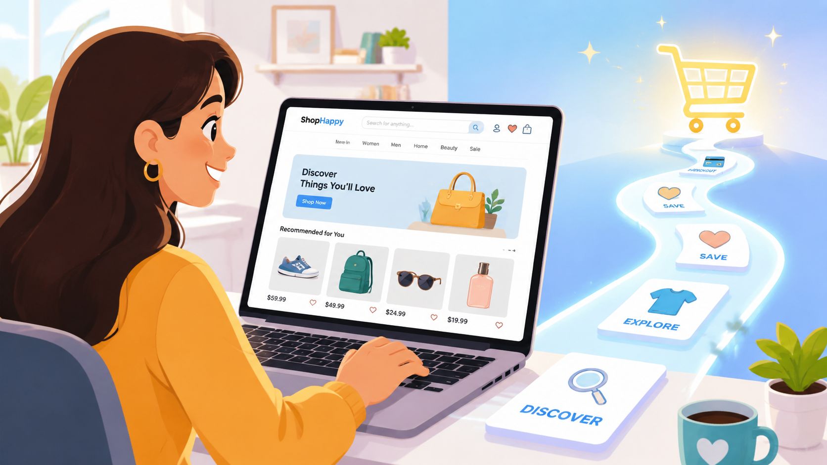 A woman shopping online on her laptop with a visual representation of the customer journey process.