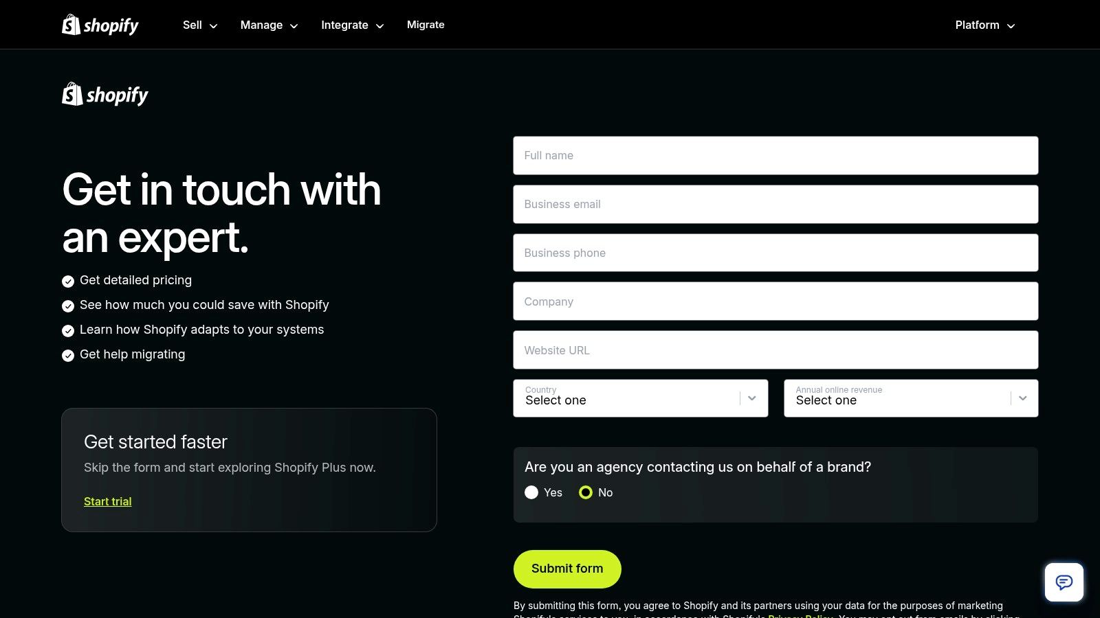 Screenshot from https://www.shopify.com/plus/contact