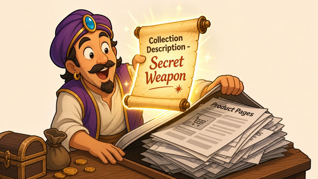 A cartoon genie holding a glowing scroll titled Secret Weapon next to a stack of product pages.