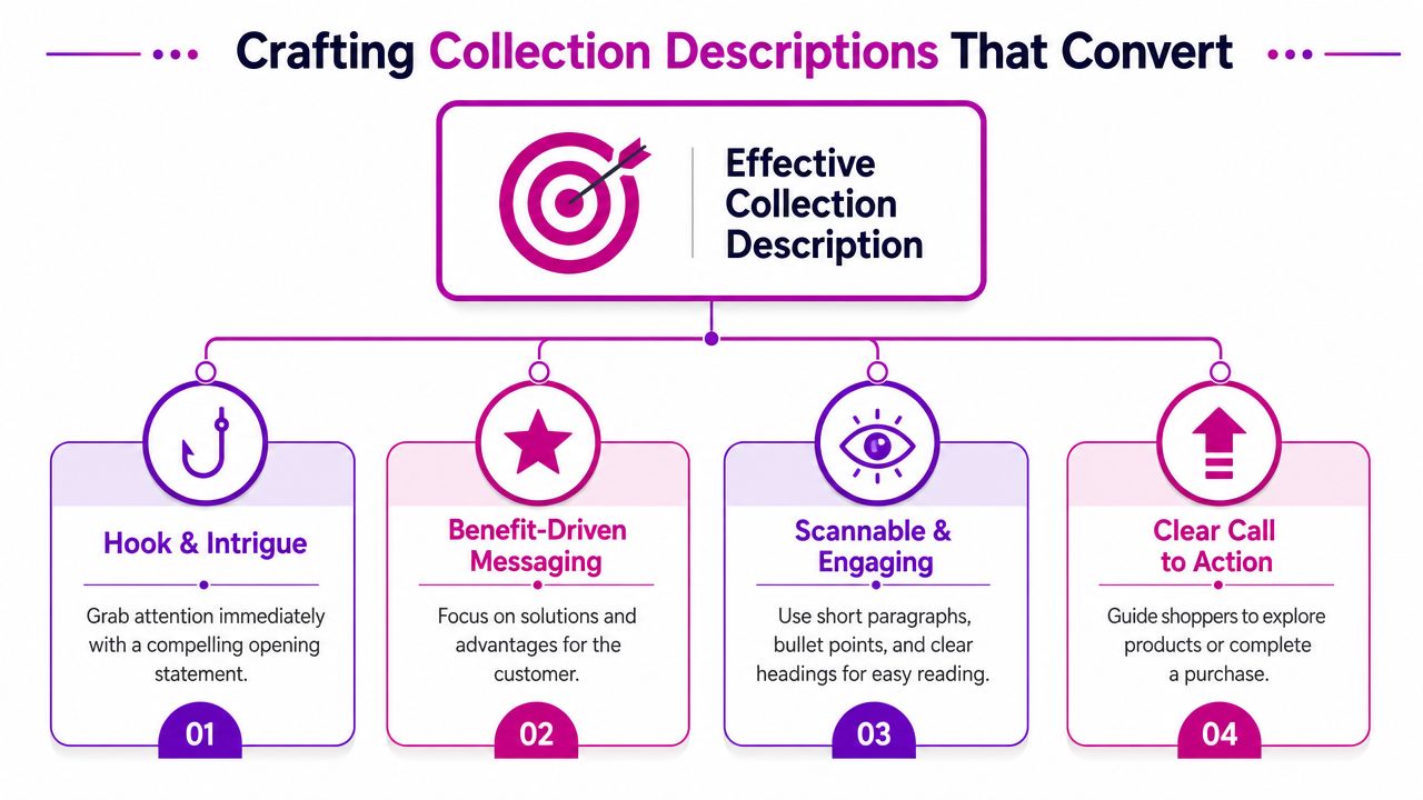 An infographic titled Crafting Collection Descriptions That Convert, showing four key elements for high-converting e-commerce product collection descriptions.