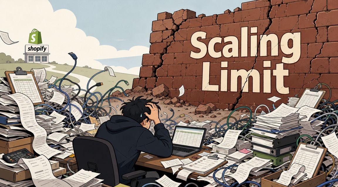 A person feeling overwhelmed by massive amounts of paperwork and cables in front of a Shopify wall.
