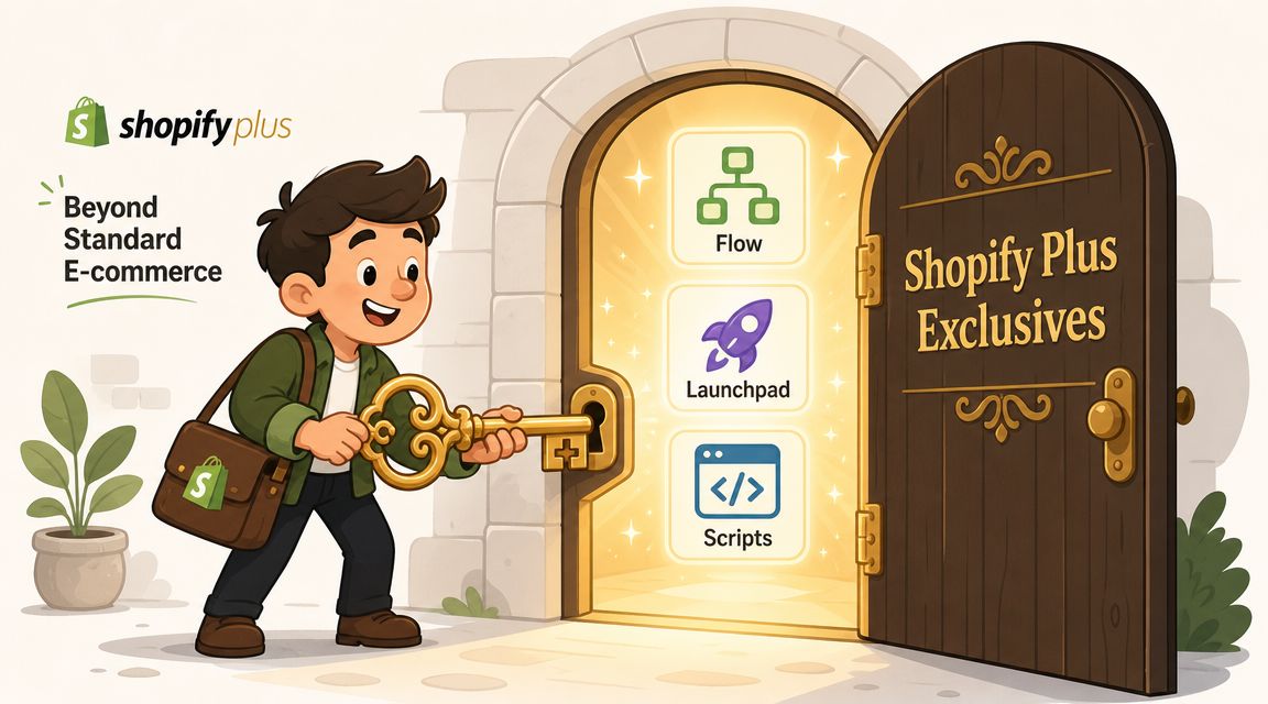 A cartoon character unlocking a door to reveal exclusive Shopify Plus features like Flow, Launchpad, and Scripts.
