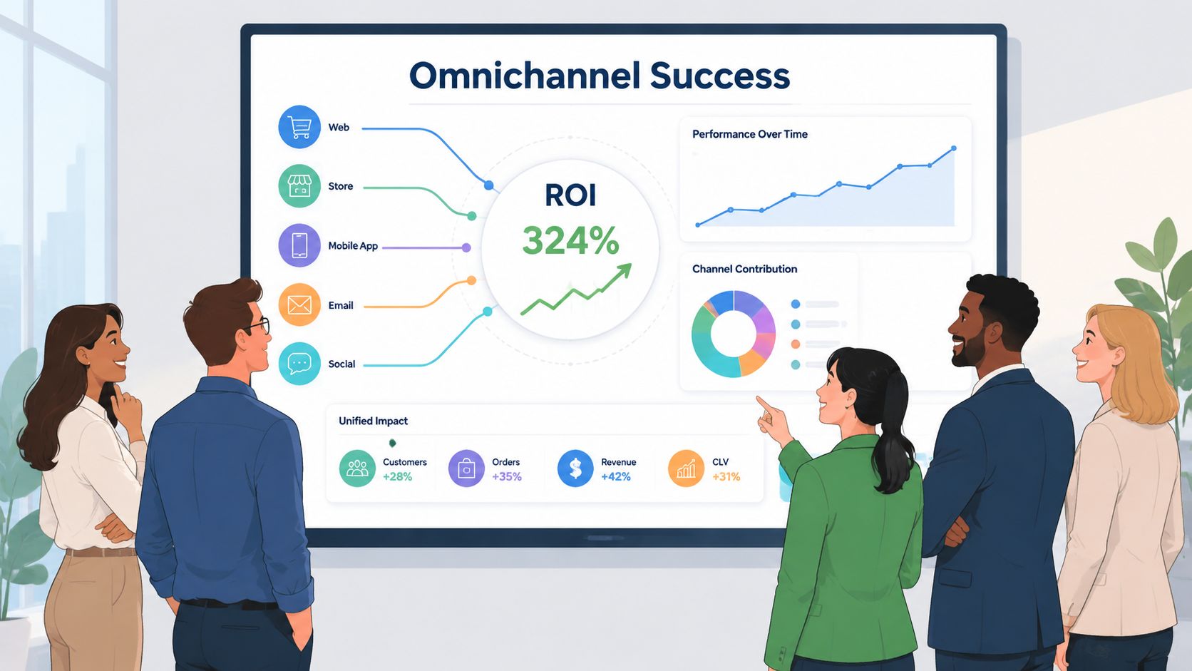 A professional team reviews an omnichannel success dashboard displaying ROI, growth metrics, and various business performance charts.