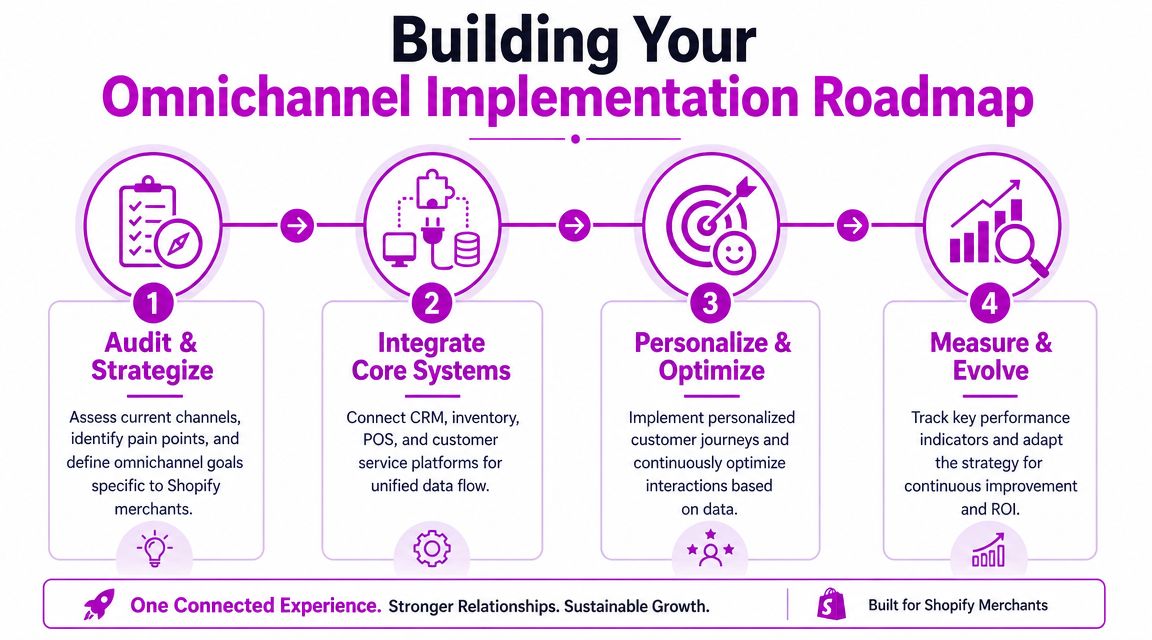 A four-step infographic illustrating a strategic roadmap for implementing an omnichannel commerce approach for Shopify merchants.