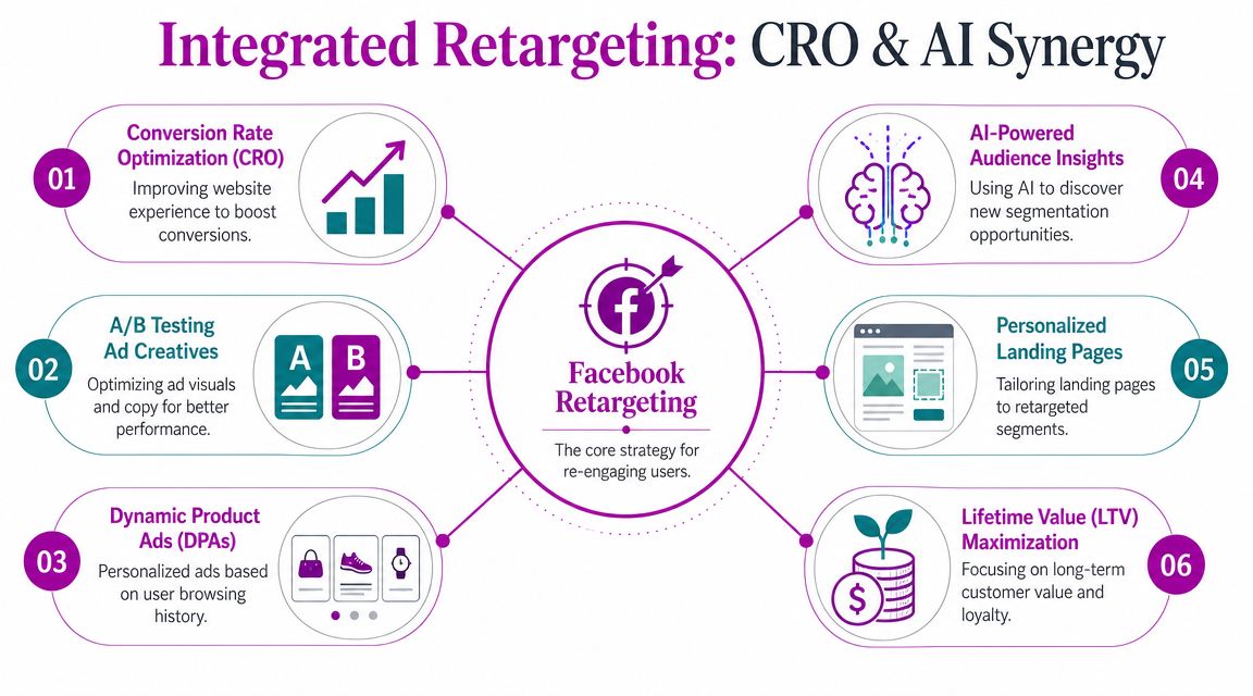 A diagram illustrating the synergy between conversion rate optimization and AI for Facebook retargeting strategies.