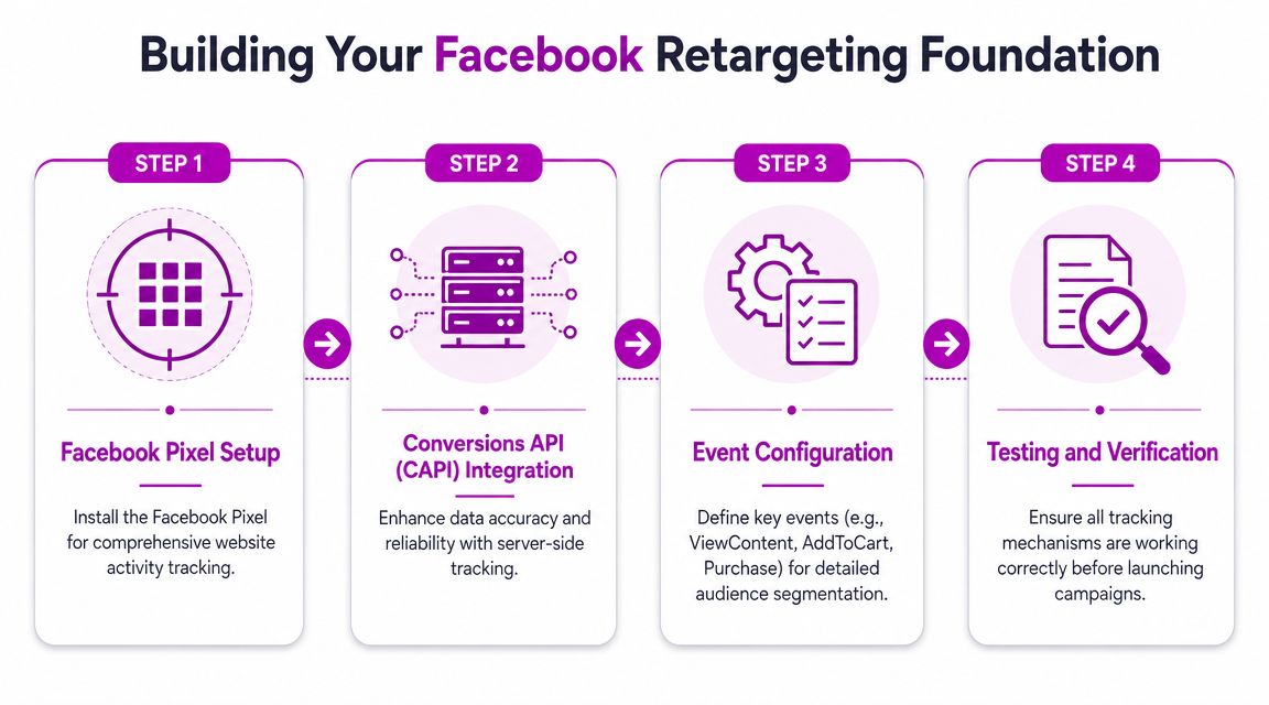 A four-step infographic illustrating the process for building a foundational Facebook retargeting ads strategy.