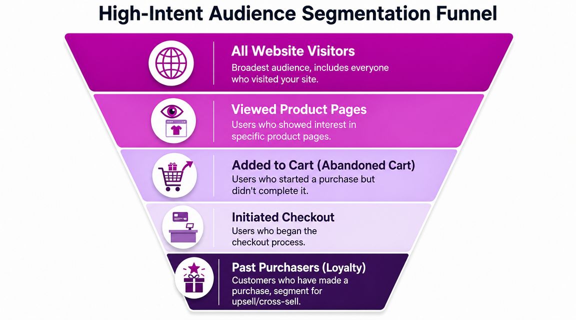 A funnel diagram illustrating high-intent audience segmentation stages from website visitors down to past purchasers.