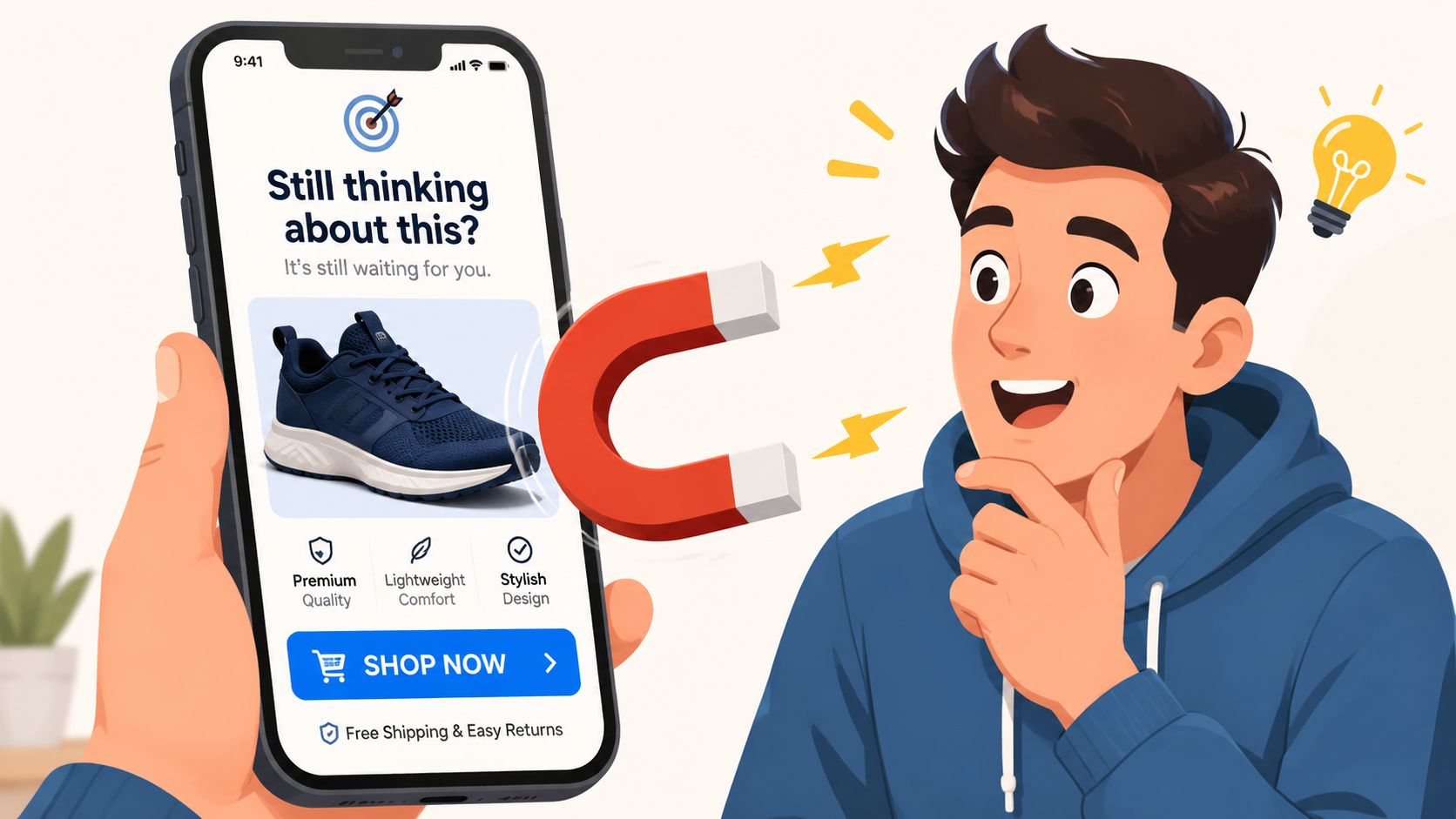 A hand holds a smartphone showing a retargeting ad for blue sneakers to a thoughtful man.