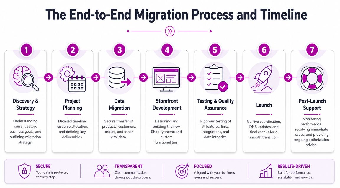 A seven-step infographic detailing the end-to-end Shopify migration process from initial strategy to post-launch support.