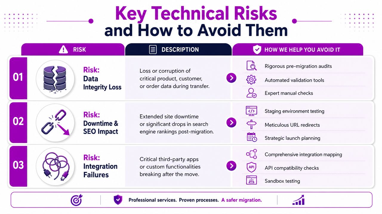 A chart illustrating key technical risks during data migration and effective strategies to avoid them.