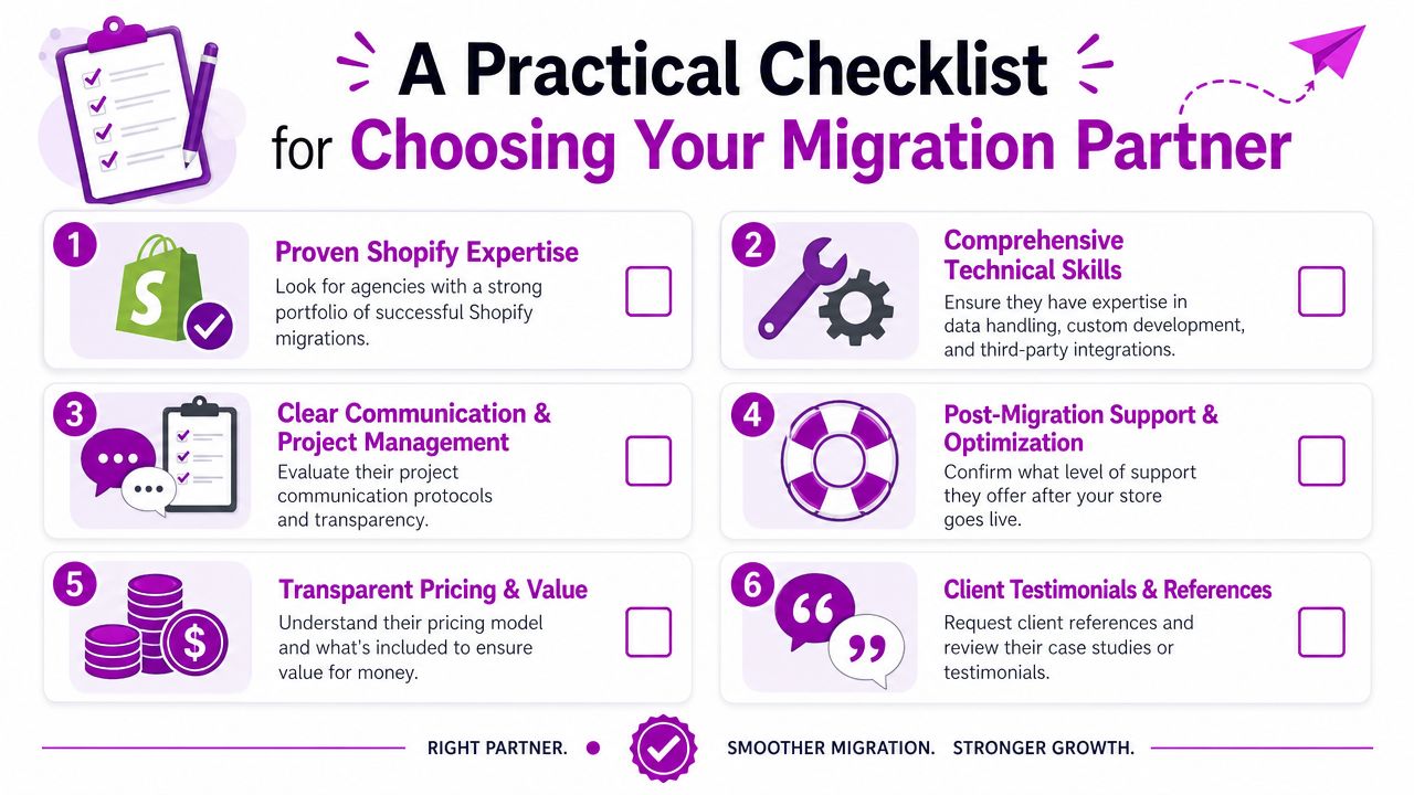 A checklist infographic detailing six key criteria for selecting an expert Shopify migration service provider for businesses.