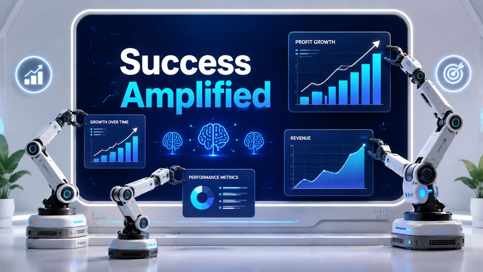 Robotic arms interacting with a large digital screen displaying profit growth, revenue, and performance metrics charts.