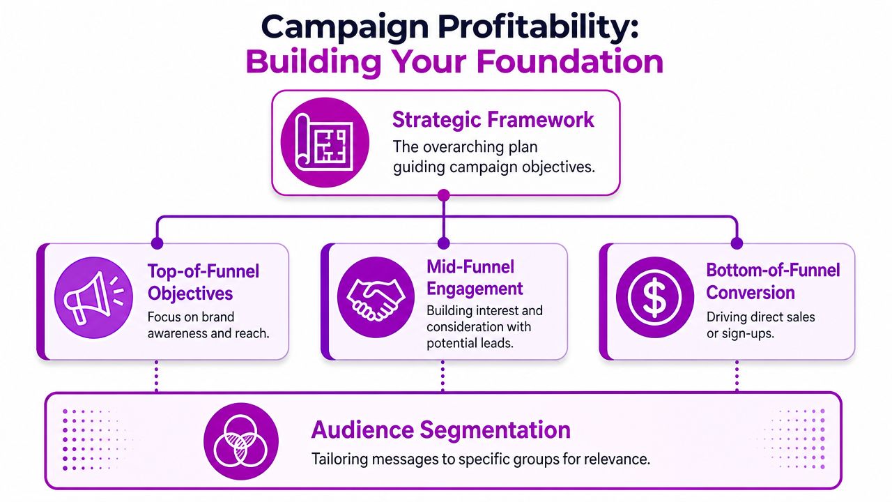A diagram illustrating a strategic framework for campaign profitability with funnel stages and audience segmentation.
