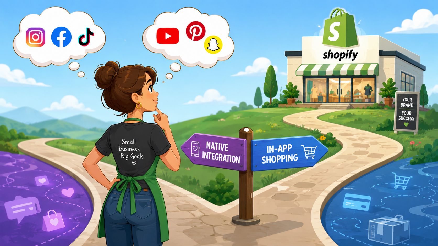 A woman considers connecting social media platforms to a Shopify e-commerce store for business growth.