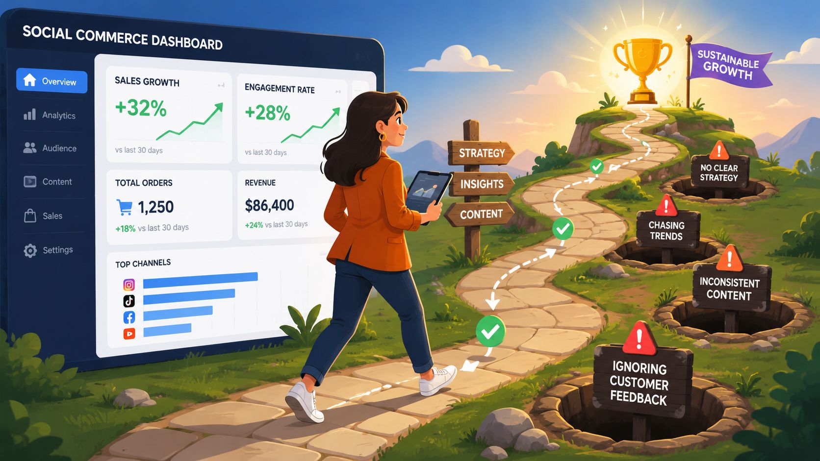 A professional analyzing a social commerce dashboard while walking towards sustainable growth, overcoming business challenges along the way.