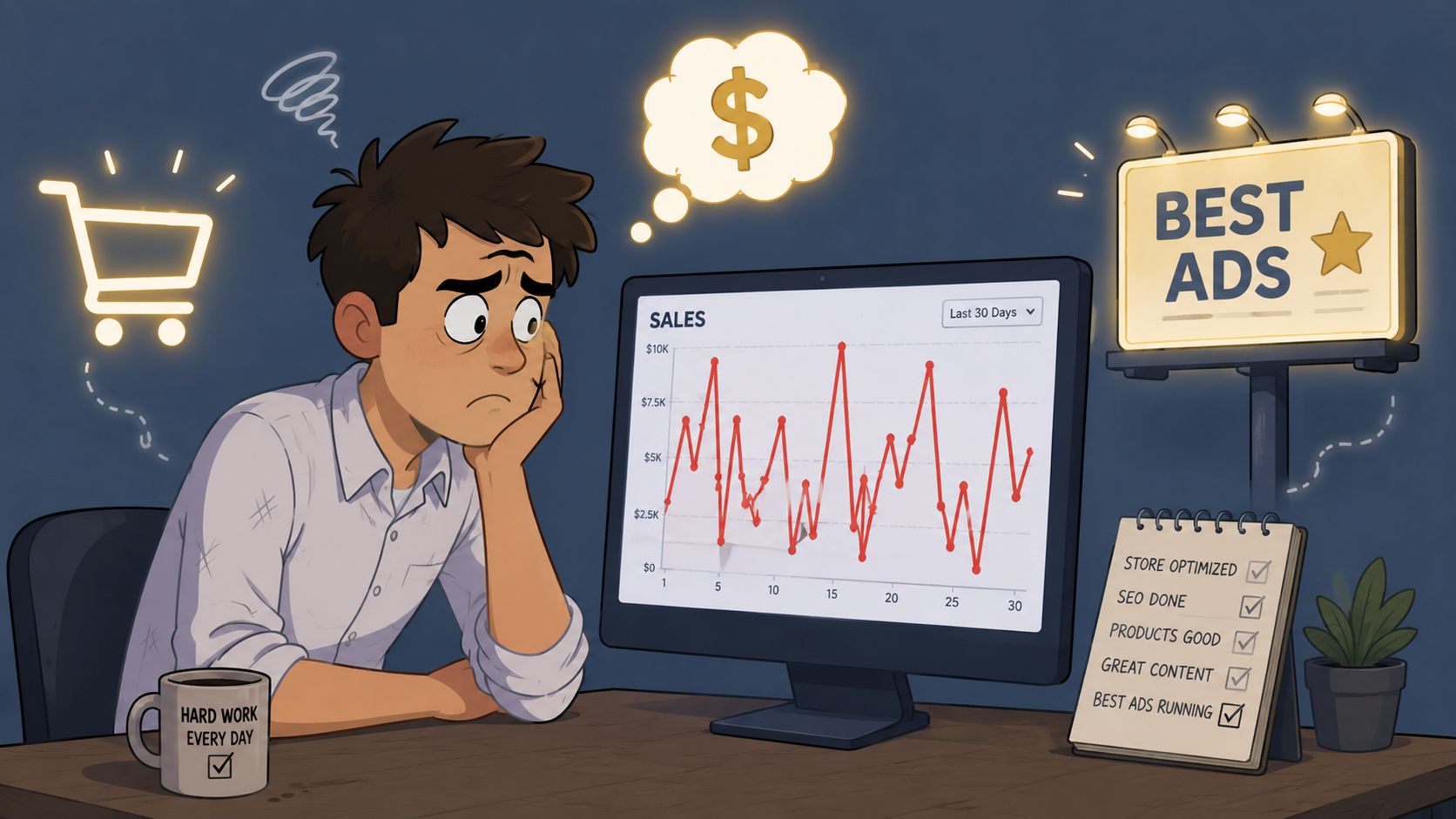 A frustrated businessman looking at a fluctuating sales chart on a computer screen in his office.