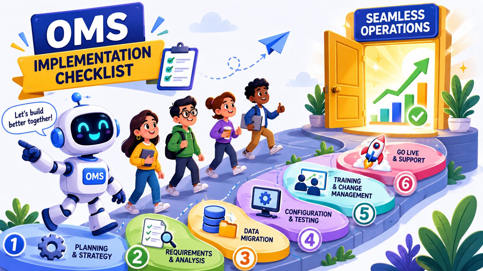 A friendly robot guides a diverse group of professionals through a six-step OMS implementation checklist roadmap towards success.