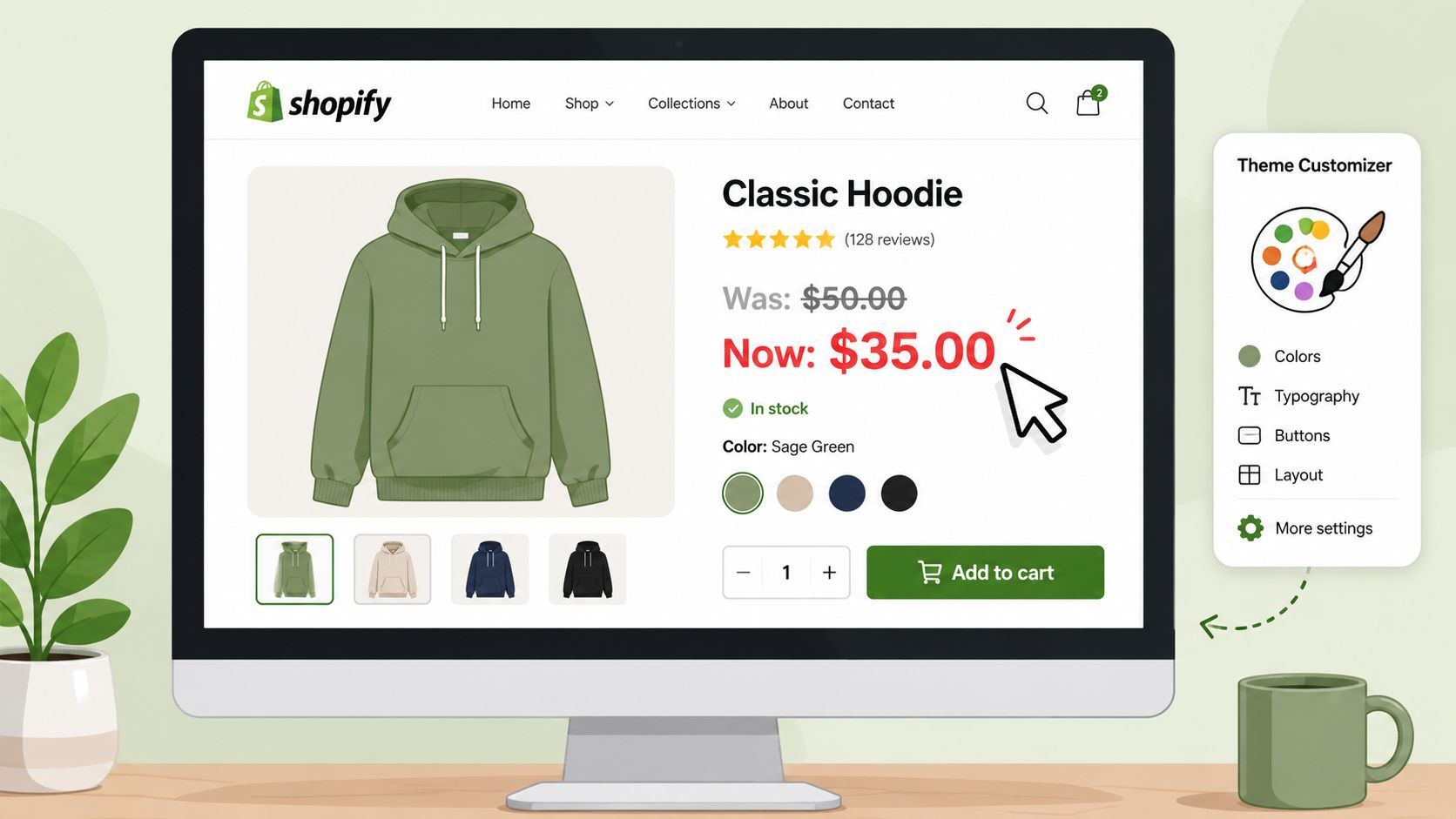 A computer screen showing a Shopify product page with a discounted classic hoodie and theme customizer menu.