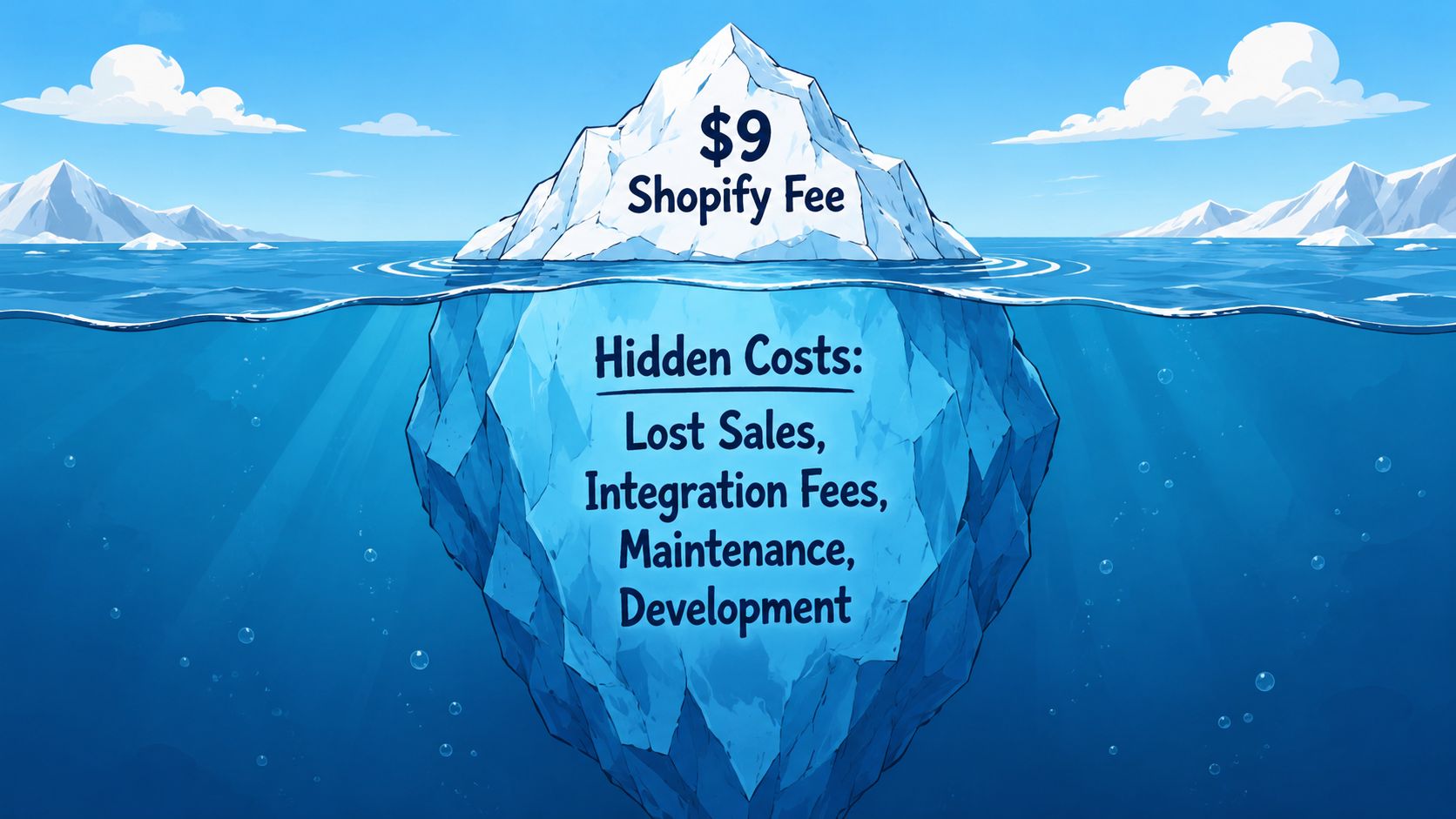 An iceberg illustration showing the low Shopify cost above water and high hidden costs below water.