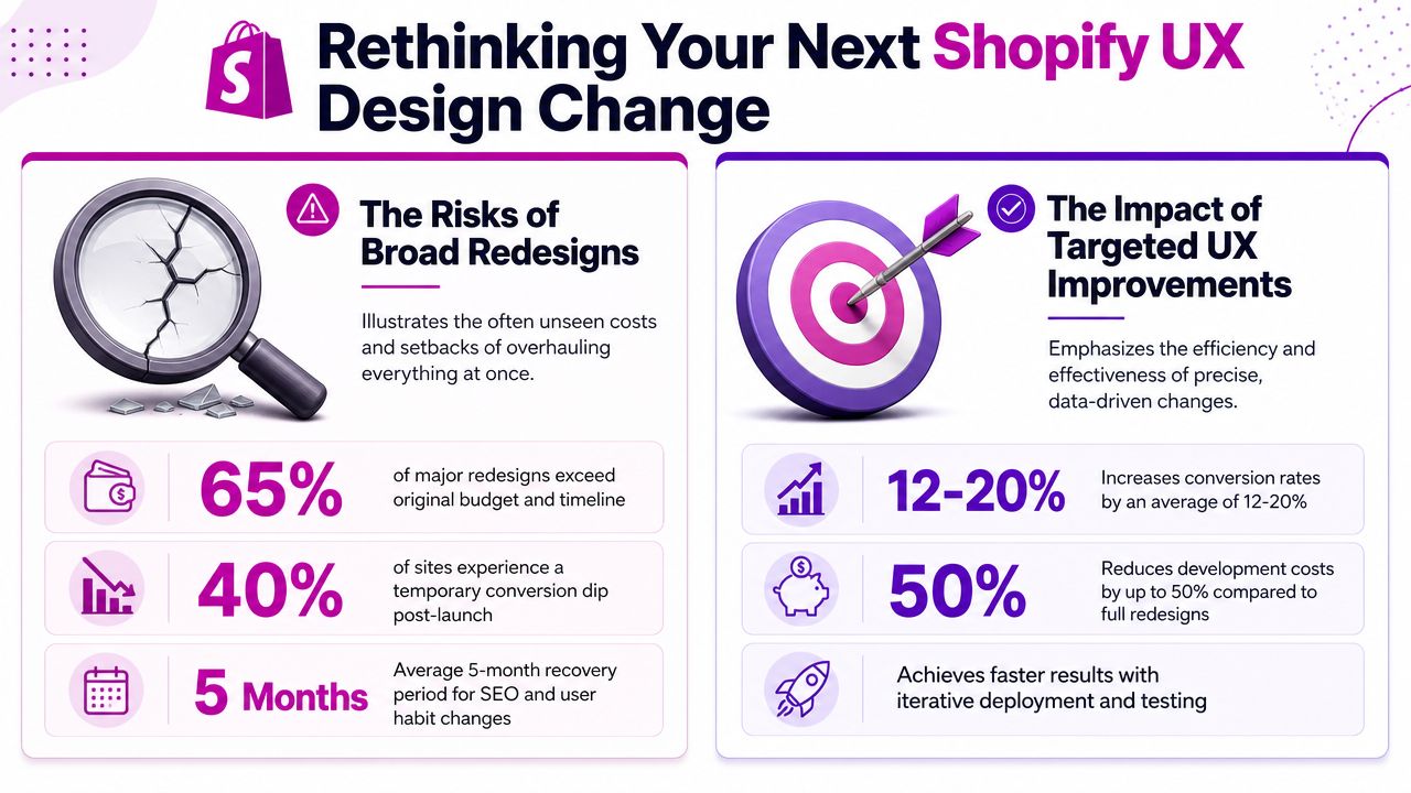 An infographic comparing the risks of broad Shopify website redesigns versus the benefits of targeted UX improvements.