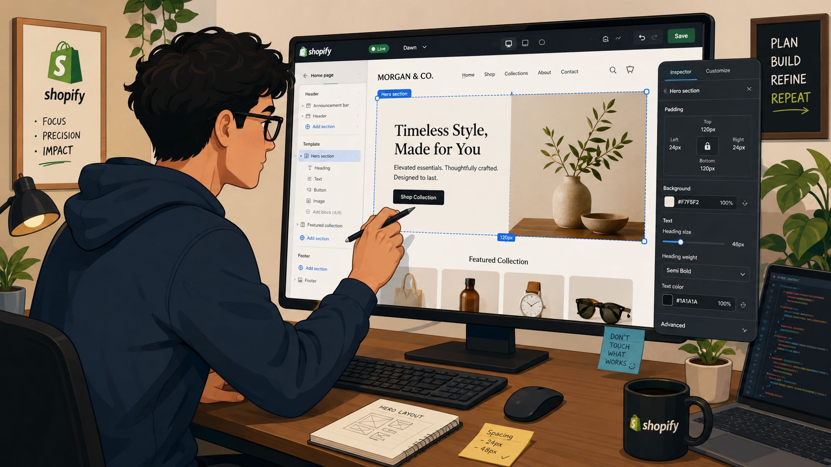 A digital designer working on a Shopify website layout on a large desktop computer in a studio.
