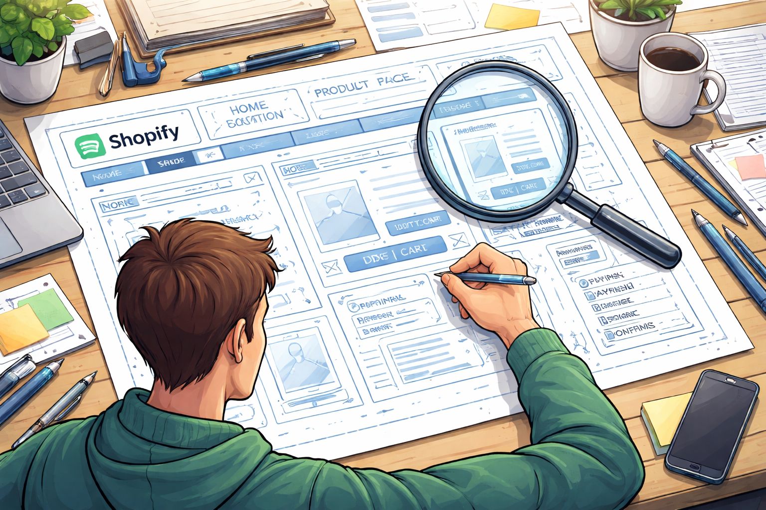 A designer drawing a wireframe layout for a Shopify website on a large sheet of paper.