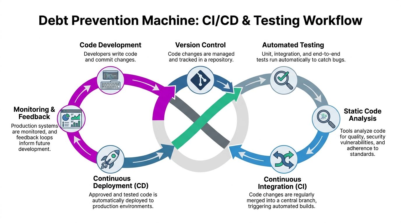 A diagram illustrating a CI/CD and testing workflow to prevent technical debt in software development projects.