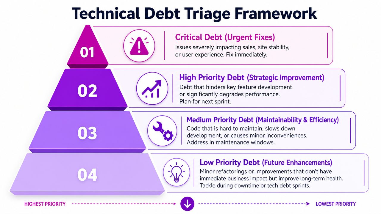 A pyramid diagram showing the four tiers of the technical debt triage framework, ranging from critical to low.