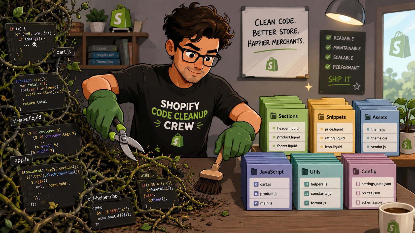 A developer cleaning up messy code, symbolizing Shopify technical debt reduction and organized project file structure.