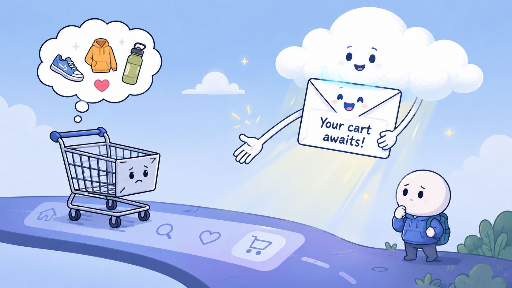 A cute cartoon illustration of a shopping cart, a cloud, and a person for marketing automation concepts.