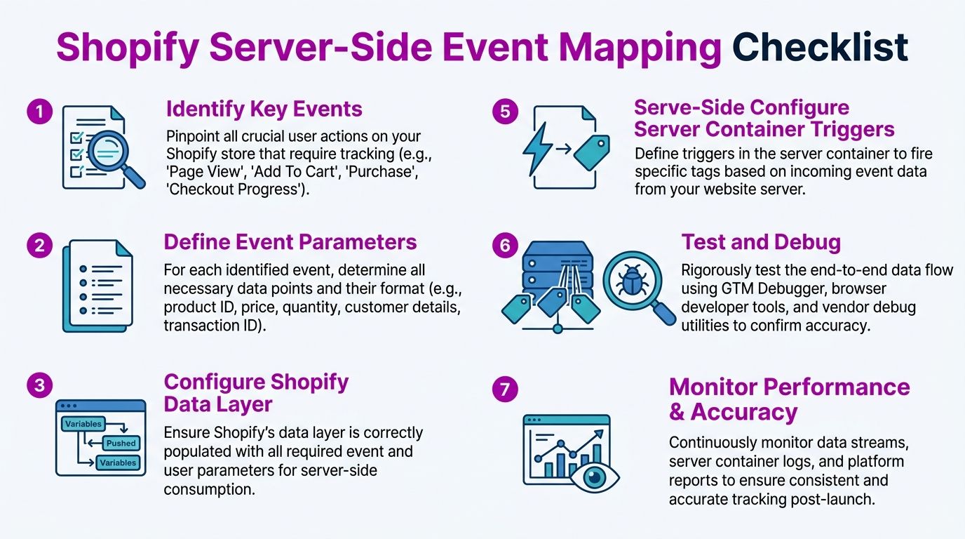 A checklist infographic outlining seven essential steps for setting up Shopify server-side event tracking and data mapping.