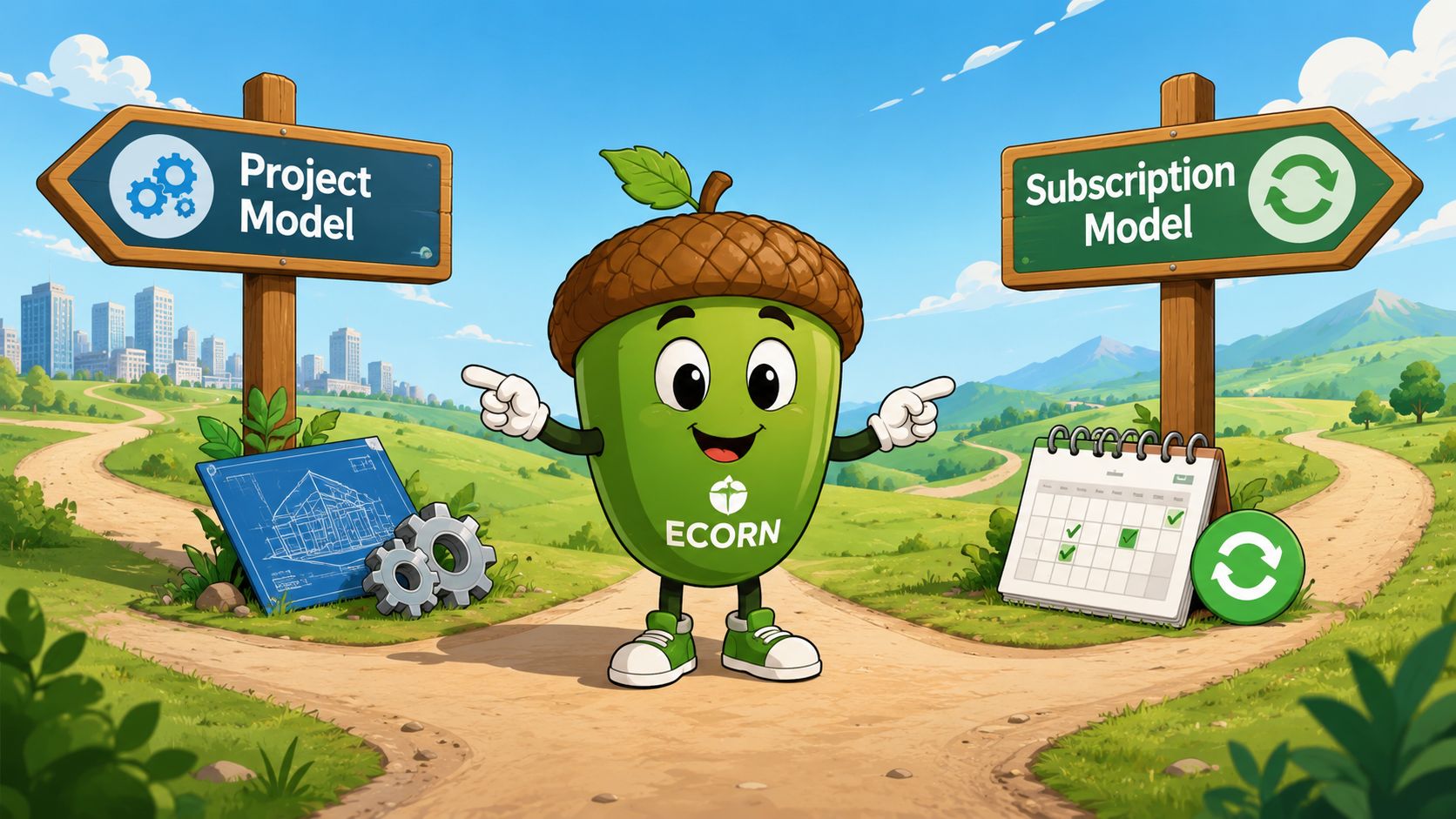 An acorn mascot standing at a fork in the road choosing between project and subscription models.
