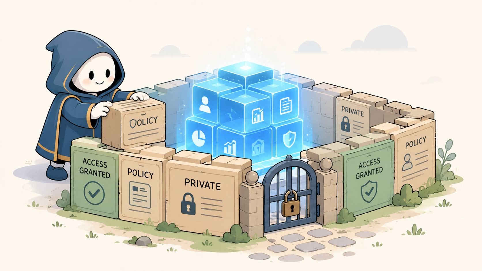 A character in a cloak building a stone wall around glowing data cubes labeled with security symbols.