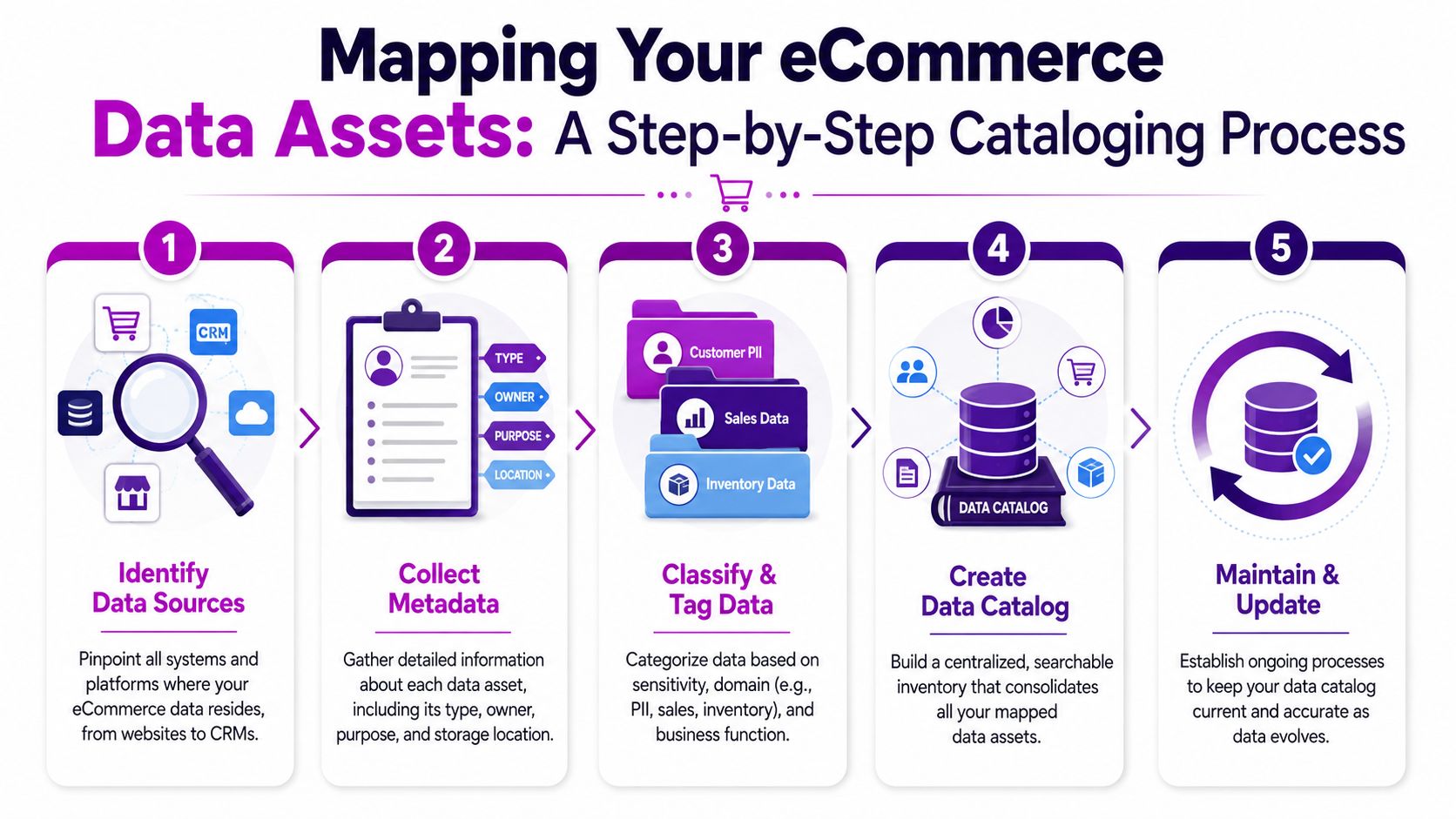A five-step infographic showing the process for mapping and cataloging eCommerce data assets for better governance.