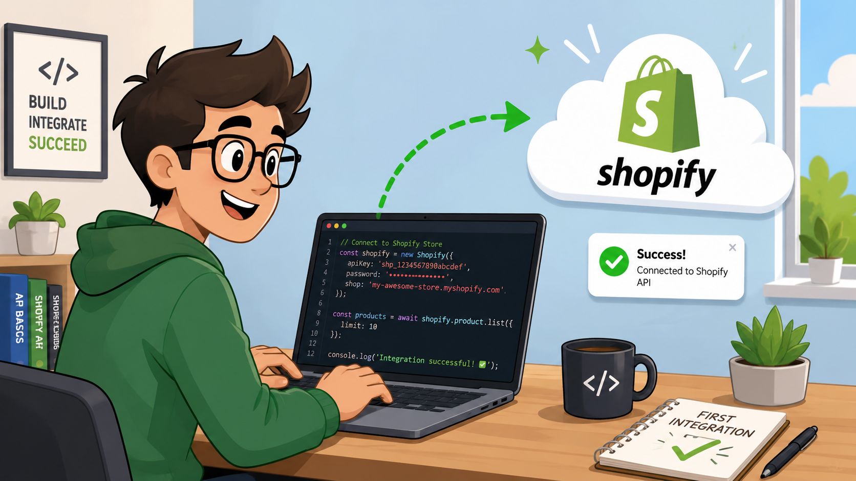 A cartoon developer working on a laptop, successfully integrating Shopify API into a digital project.